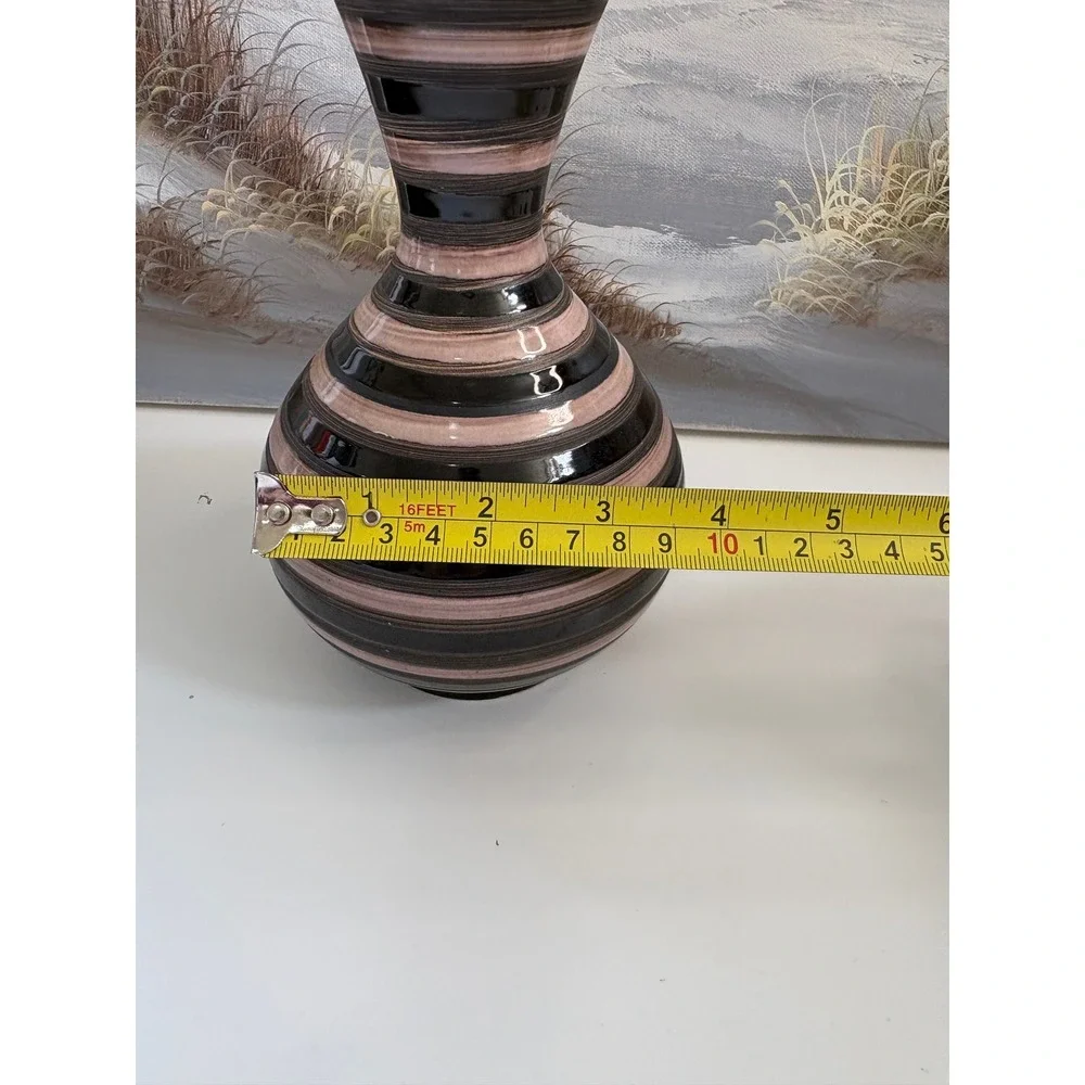 Strehla Keramik West German Pottery Vase 962 Black Pink Striped MCM 8.25